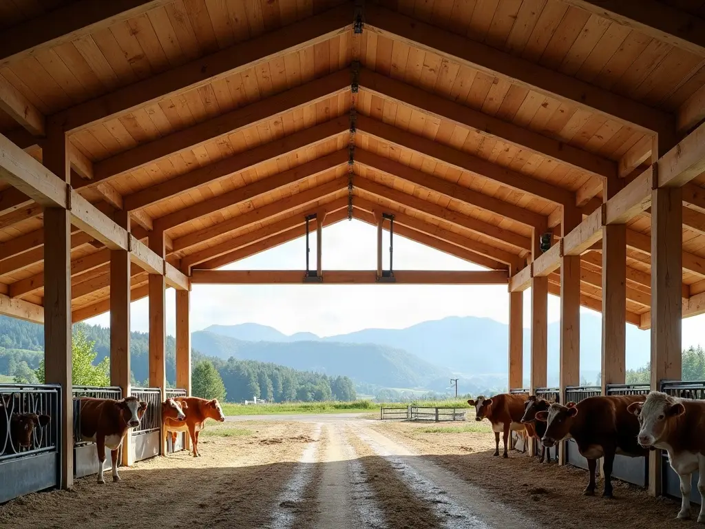 Charpente en bois lamellé d'une stabulation vue de l'intérieur, pannes saines au-dessus des vaches