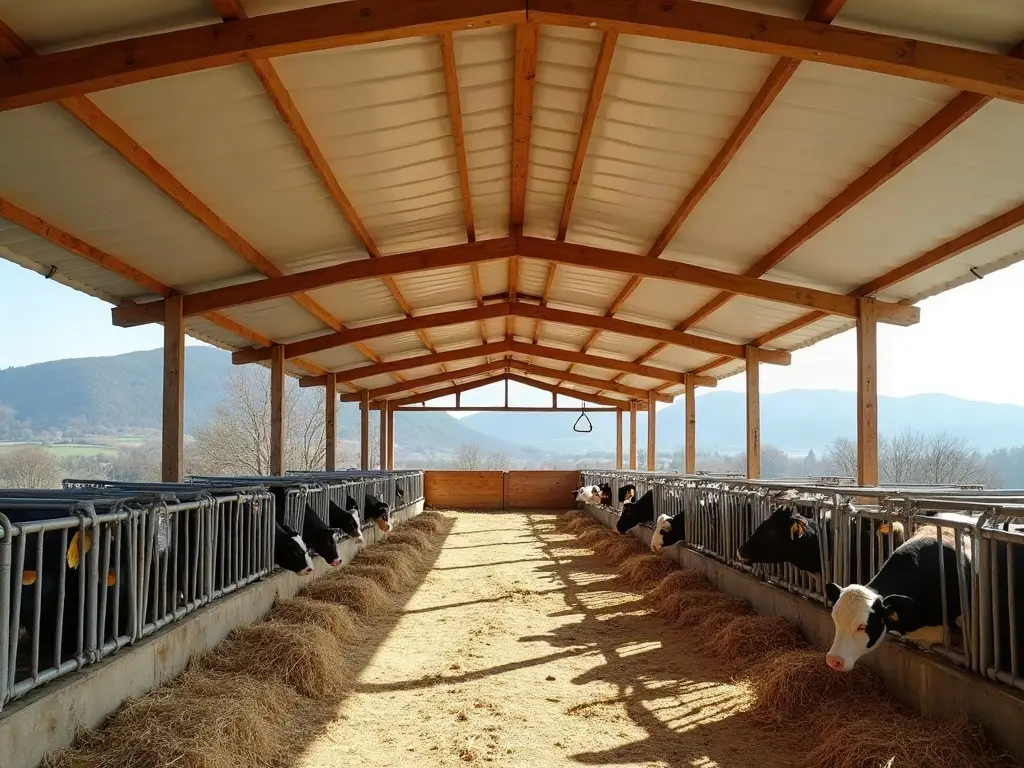 Intérieur d'une stabulation sous des panneaux isolants blancs posés sous les pannes, vaches au cornadis