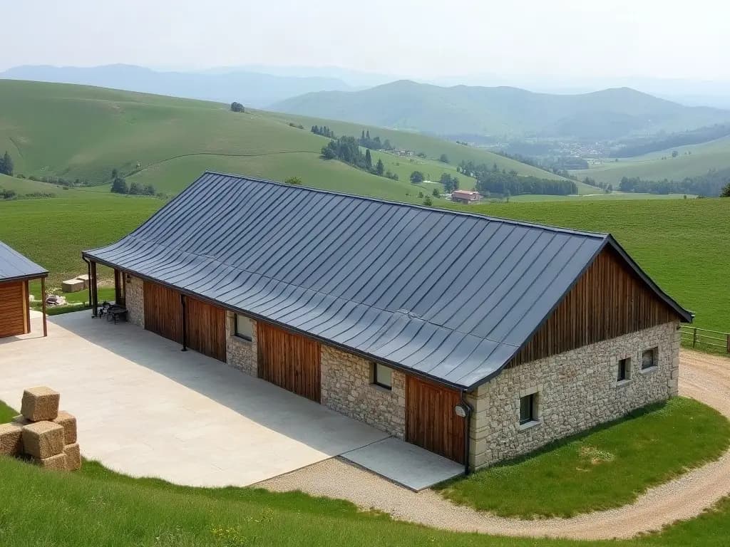 Grange en pierre et bois d'un plateau d'altitude, toit entièrement refait en bac acier gris