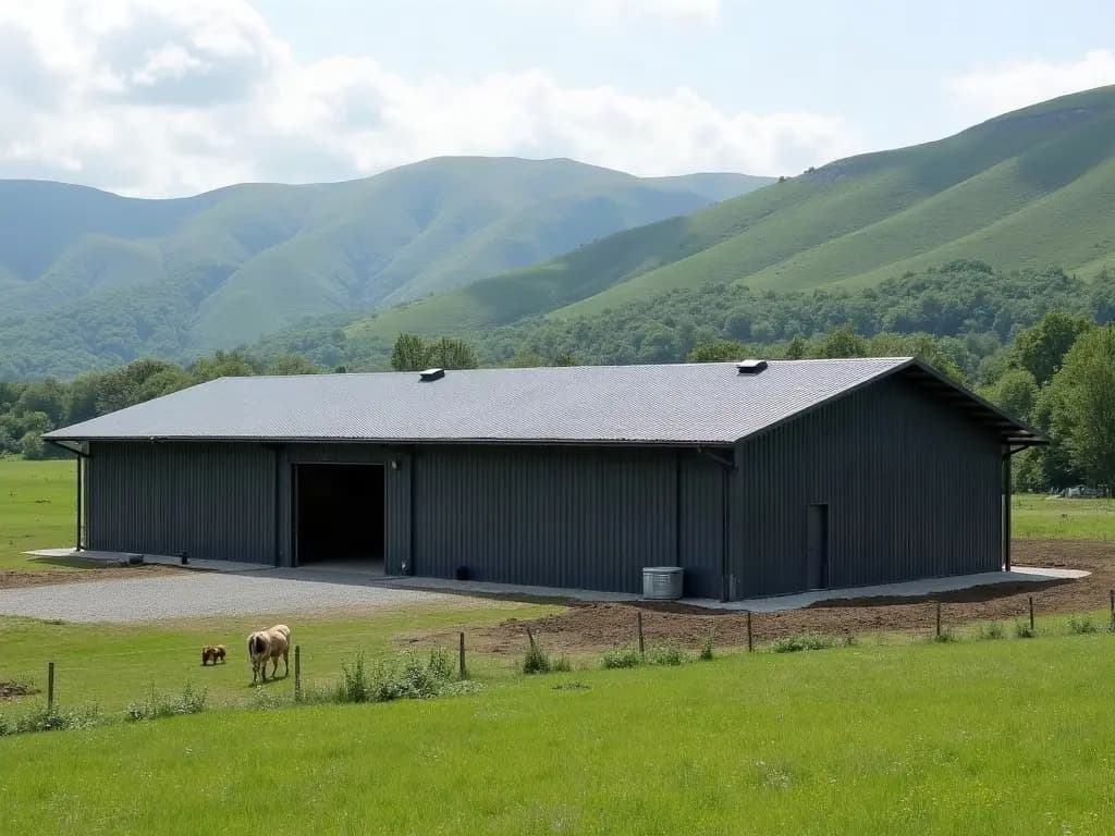 Stabulation au toit neuf en bac acier gris anthracite, faîtage et rives pliés, prairie de moyenne montagne
