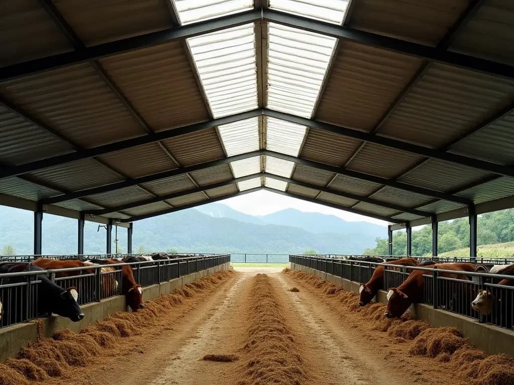 Lumière du jour qui entre par les plaques translucides d'un toit de stabulation, vaches à l'auge