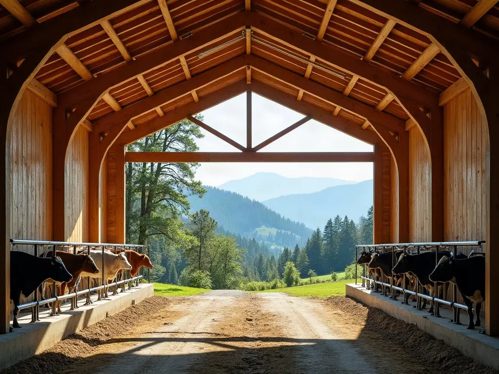 Étable laitière à charpente bois du Livradois-Forez, ouverte sur la vallée et les sapins