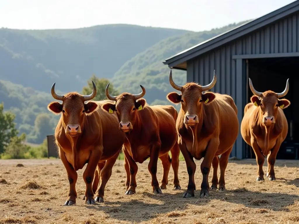Vaches Salers aux cornes en lyre devant une stabulation au toit de bac acier neuf