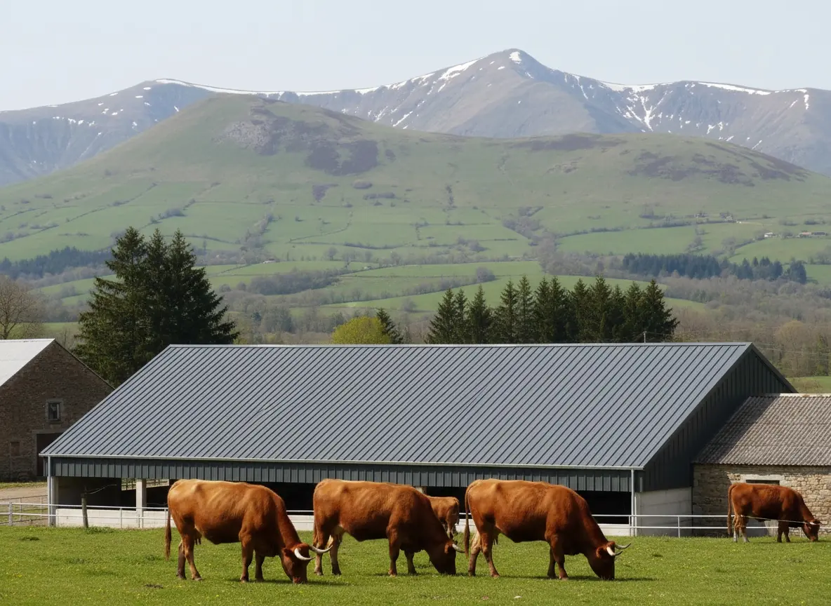 Stabulation du Cantal recouverte de bac acier neuf, monts enneigés au loin