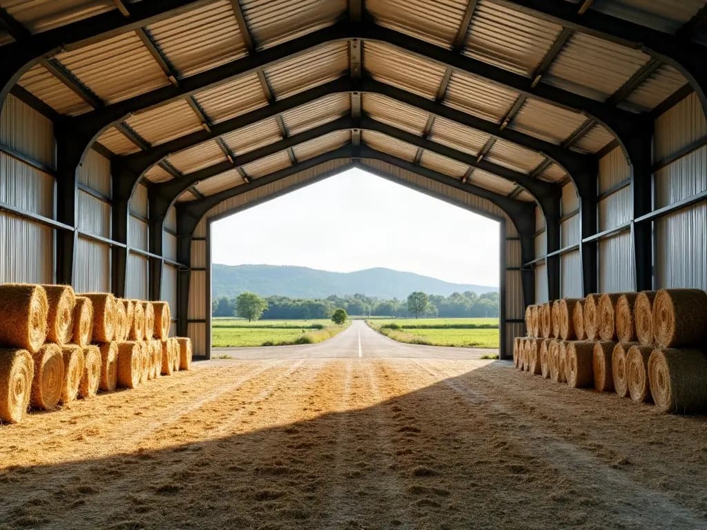 Balles de paille rangées sous un hangar à charpente métallique de la plaine d'Issoire