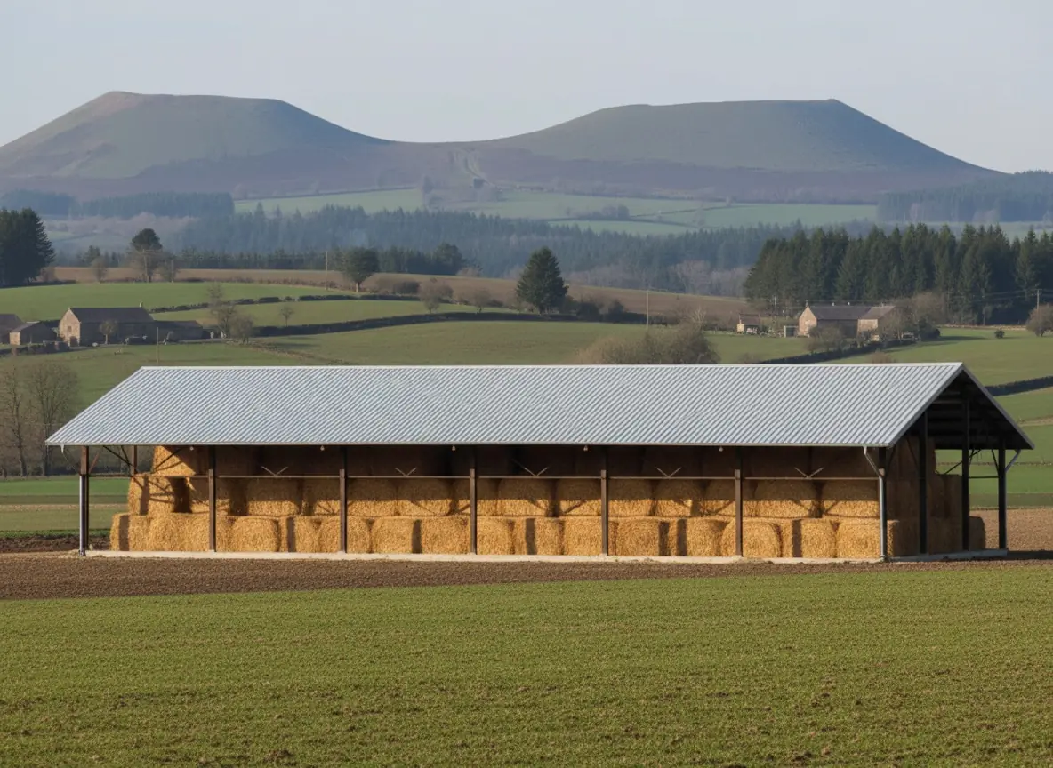 Hangar agricole de la plaine d'Issoire avec toiture rénovée en bac acier