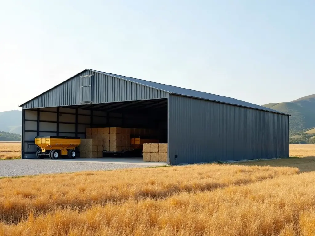 Hangar de stockage du Velay au toit de bac acier, bottes rangées à l'abri, chaumes dorés