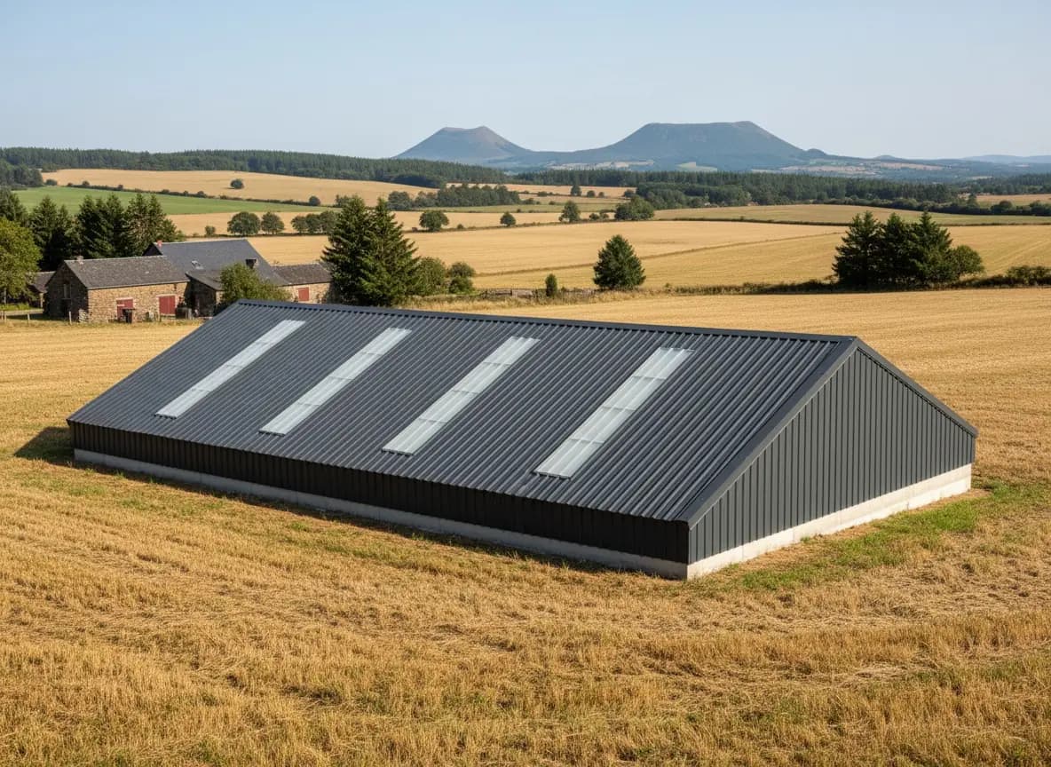 Hangar de stockage du Velay recouvert de bac acier avec bandes translucides