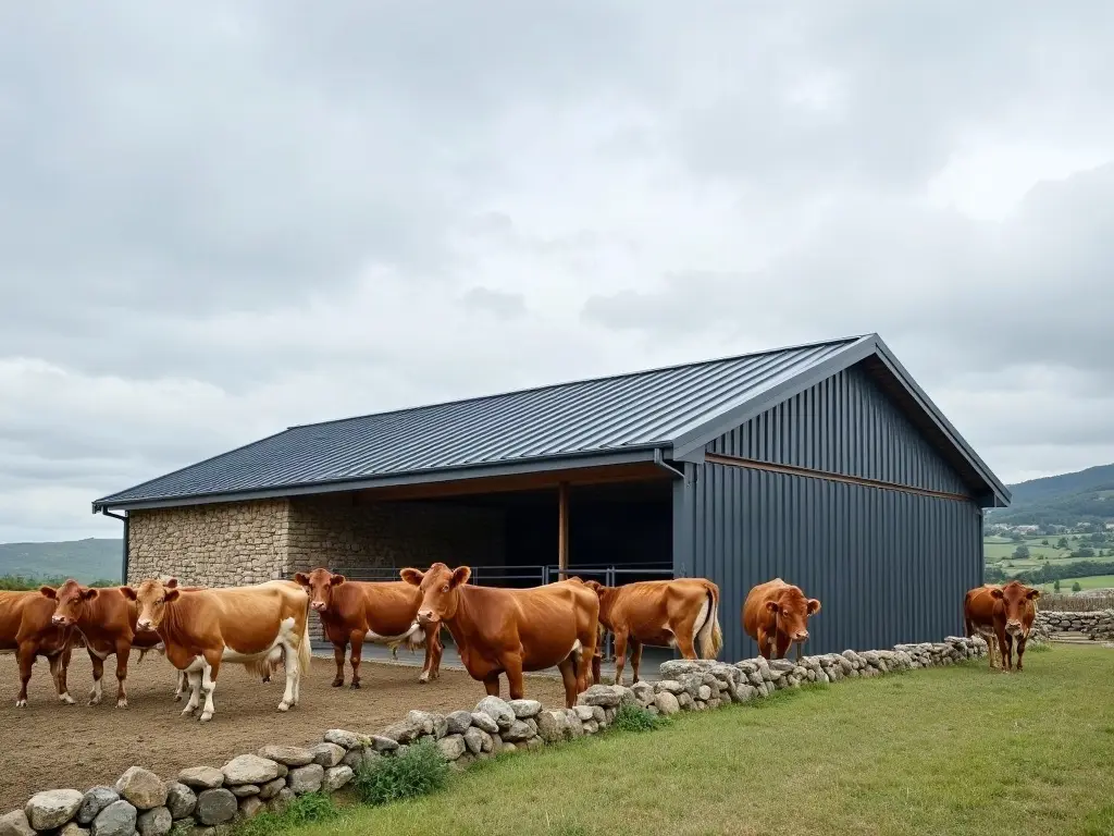 Vaches Aubrac le long d'un muret de pierre sèche devant un bâtiment au toit de bac acier