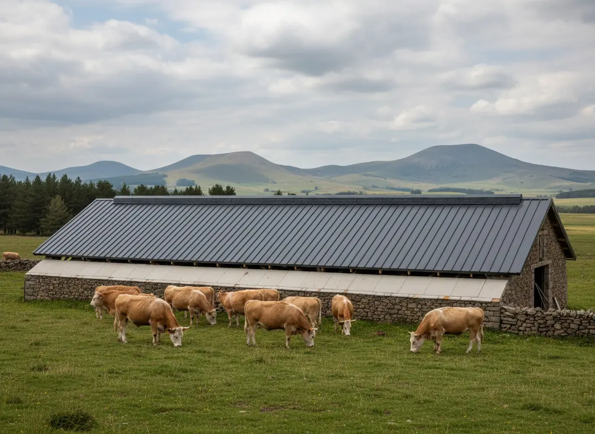 Stabulation de l'Aubrac recouverte de bac acier neuf sous un ciel de plateau