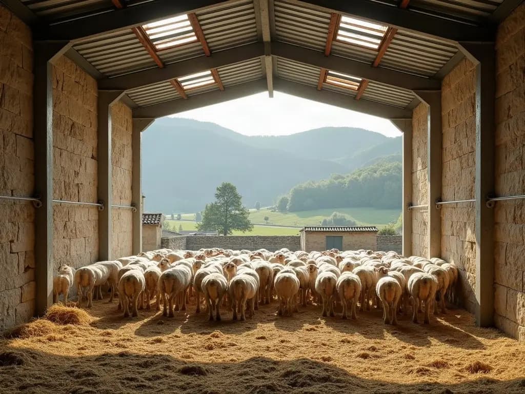 Brebis dans une bergerie de pierre calcaire de Lozère, lumière des translucides du toit