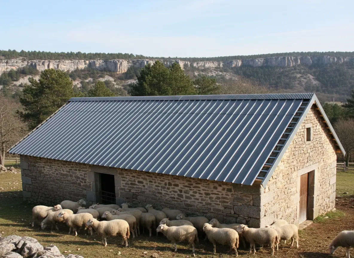 Bergerie des causses de Lozère avec surtoiture en bac acier et faîtage ventilé