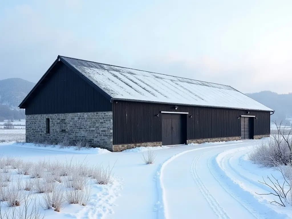 Bâtiment d'élevage en pierre de la Planèze, toit de bac acier sous la neige fraîche