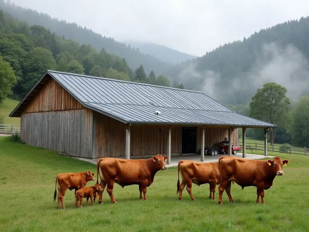 Vaches limousines et leurs veaux sous une stabulation en bois au toit de bac acier, en Corrèze