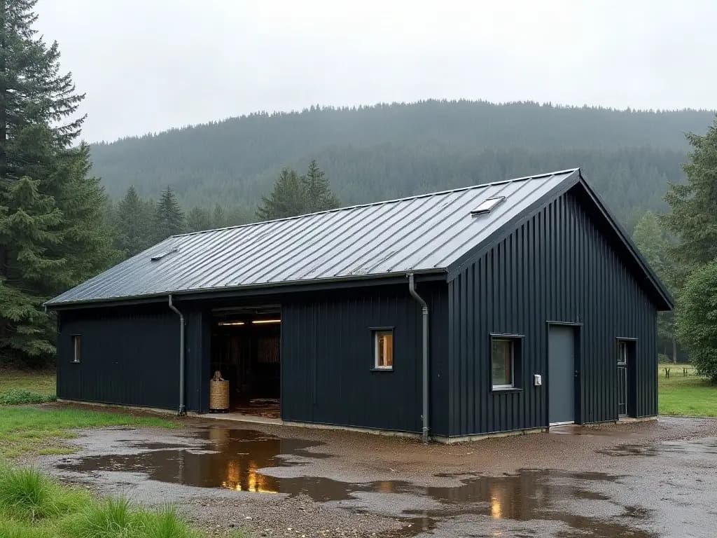 Bâtiment d'élevage de Haute-Corrèze après la pluie, eau menée au chéneau et à la descente
