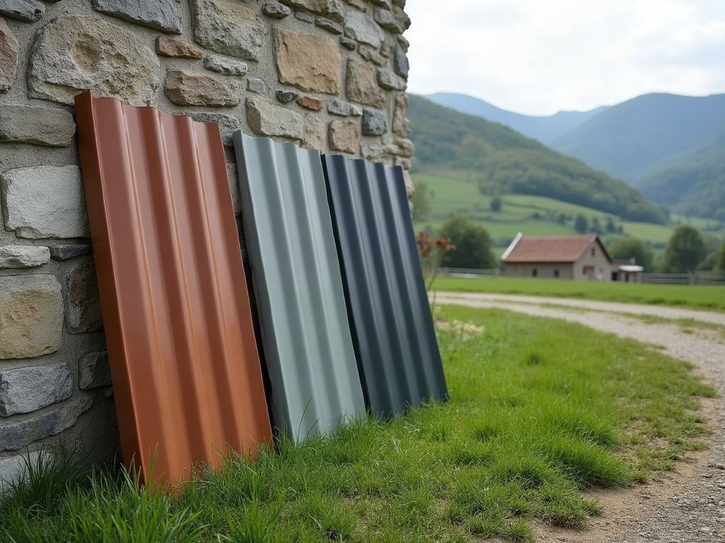 Échantillons de bac acier de trois teintes posés contre un mur de pierre