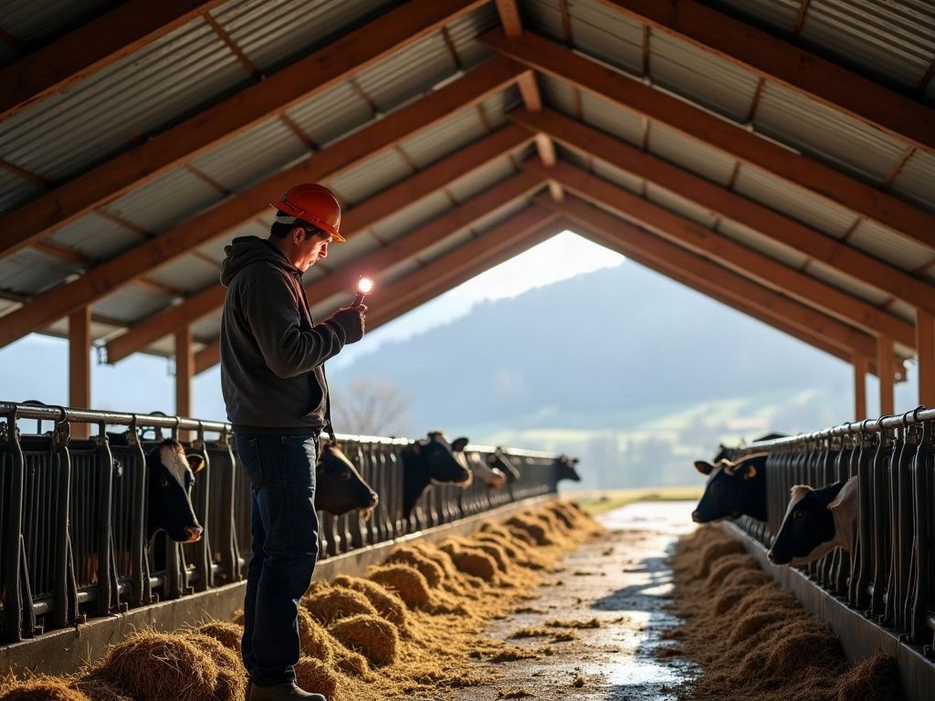 Couvreur inspectant à la lampe la charpente d'une stabulation de montagne
