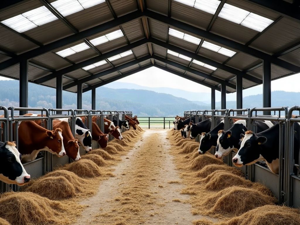 Vaches à l'auge dans une stabulation éclairée par des plaques translucides